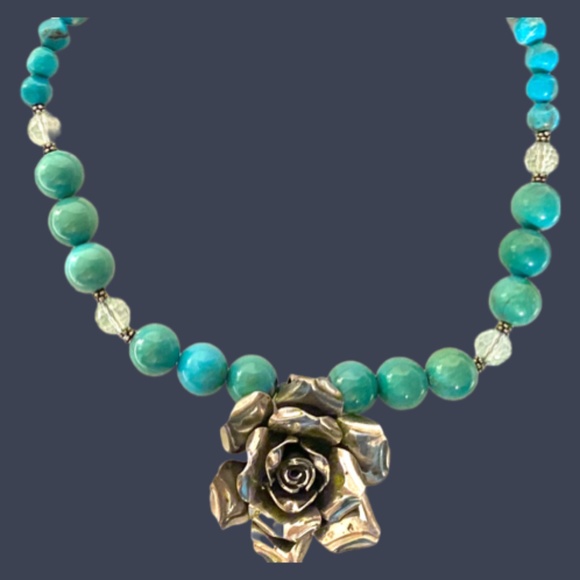 Sterling Silver Flower & Turquoise Beaded Necklace - Picture 4 of 9
